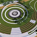Park Landscape Featuring Circular Pathways Lush Lawns Tiered Steps And Trees