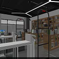 Modern Bookstore Interior With Wooden Bookshelves Books Blue Stools And Lighting