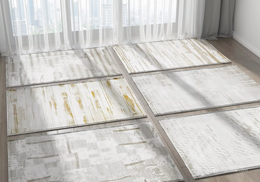 Multiple Light Toned Square Rugs With Wooden Texture And Natural Window Light 3d model 
