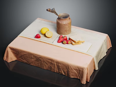 Cozy Table Setting With Pink Beige Tablecloth Ceramic Jug Lemon Half Strawberries And Bread Slices 3d model
