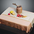 Cozy Table Setting With Pink Beige Tablecloth Ceramic Jug Lemon Half Strawberries And Bread Slices