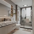 Modern Bathroom Interior With Marble Countertop Backlit Mirror Glass Shower Enclosure Toilet And Green Plant