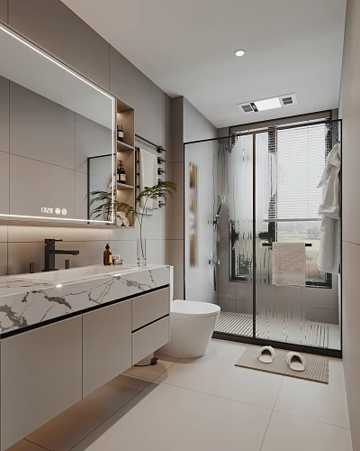 Modern Bathroom Interior With Marble Countertop Backlit Mirror Glass Shower Enclosure Toilet And Green Plant 3d model