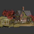 Rustic Cottage With Red Autumn Trees Glass Dome Gazebo And Stone Path