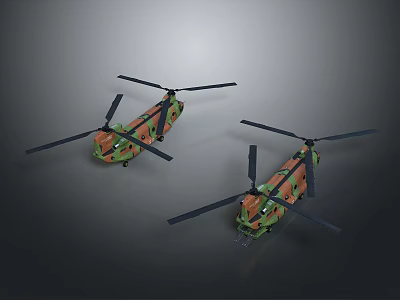 Two Camouflage Military Helicopters Displayed with Rotors on Black Background 3d model