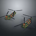 Two Camouflage Military Helicopters Displayed with Rotors on Black Background