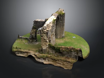 Ancient Stone Ruins Model With Archway Structure And Grass Covered Base 3d model
