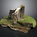 Ancient Stone Ruins Model With Archway Structure And Grass Covered Base