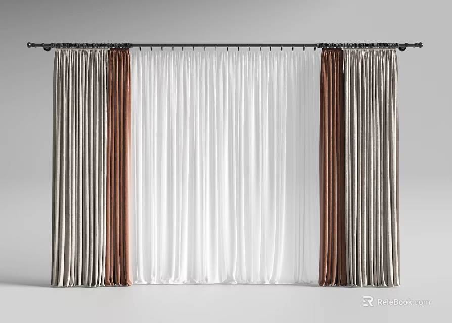 Modern Striped Curtains With White Sheer Center And Brown Beige Panels 3d model 