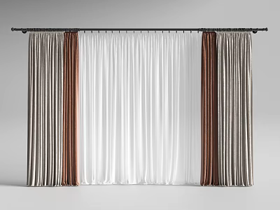 Modern Striped Curtains With White Sheer Center And Brown Beige Panels 3d model