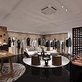 Modern Clothing Store Interior With Clothes On Wooden Racks Display Counter Sofa And Lighting