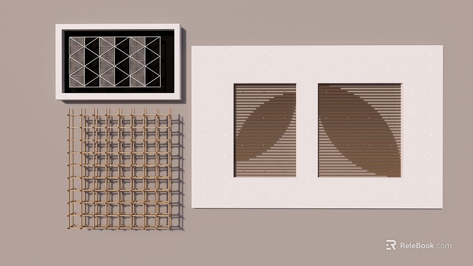 Light Toned Ceiling Design With Geometric Grid Lattice And Slats 3d model 