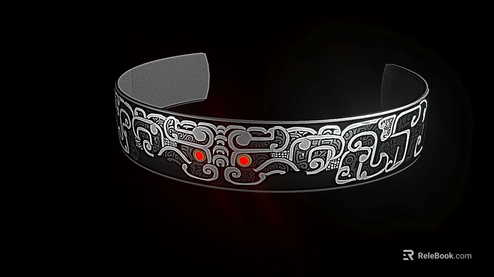 Silver Bracelet With Intricate Engraved Patterns And Red Accent Details 3d model 