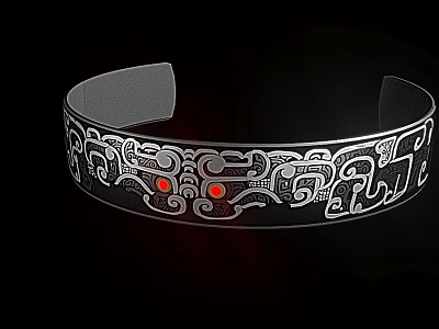 Silver Bracelet With Intricate Engraved Patterns And Red Accent Details 3d model
