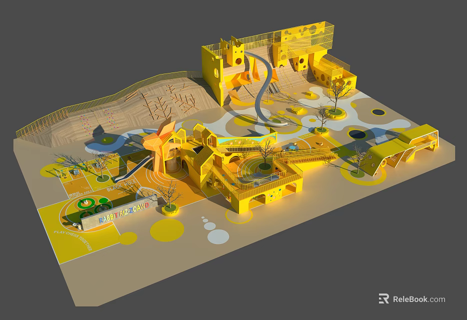 Vibrant Yellow Playground with Castle Shaped Slides Sandpit Circular Elements Climbing Facilities and Green Plants 3d model 