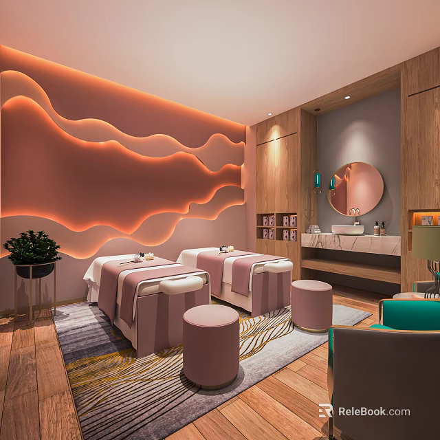 Spa Sauna Interior Featuring Massage Beds Wavy Orange LED Wall Wooden Cabinets And Marble Countertop 3d model 