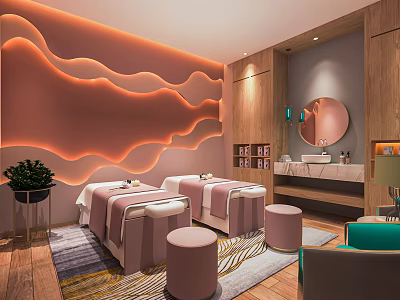 Spa Sauna Interior Featuring Massage Beds Wavy Orange LED Wall Wooden Cabinets And Marble Countertop 3d model