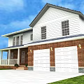 Two Story Detached House With White Siding Brick Base Porch Two Car Garage Green Lawn