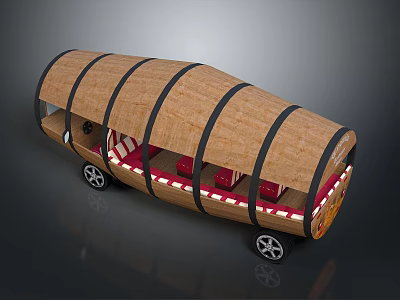 Bus With Wooden Curved Roof Black Stripes And Red White Seats 3d model