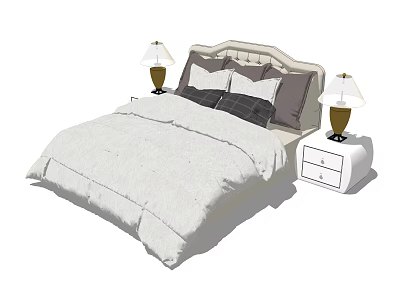 Double Bed with White and Gray Pillows and White Nightstands with Brown Lamps 3d model