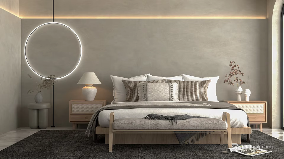 Hotel Guest Room Interior With King Bed Round Mirror Wooden Nightstand And Decorative Pillows 3d model 