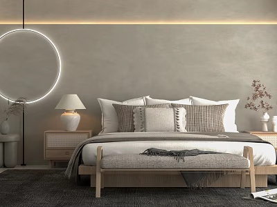 Hotel Guest Room Interior With King Bed Round Mirror Wooden Nightstand And Decorative Pillows 3d model