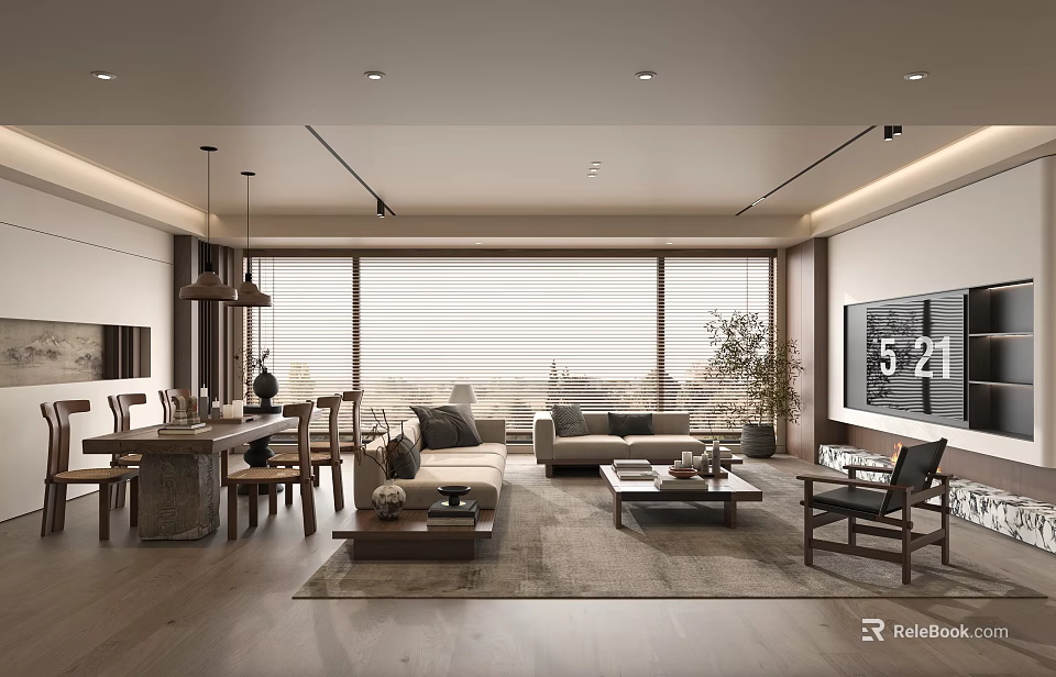 Modern Living and Dining Room Interior Design With Sofa Coffee Table Dining Chairs And Blinds 3d model 