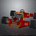 Red Toy Racing Car With Black Wheels Yellow Stripes And Silver Engine