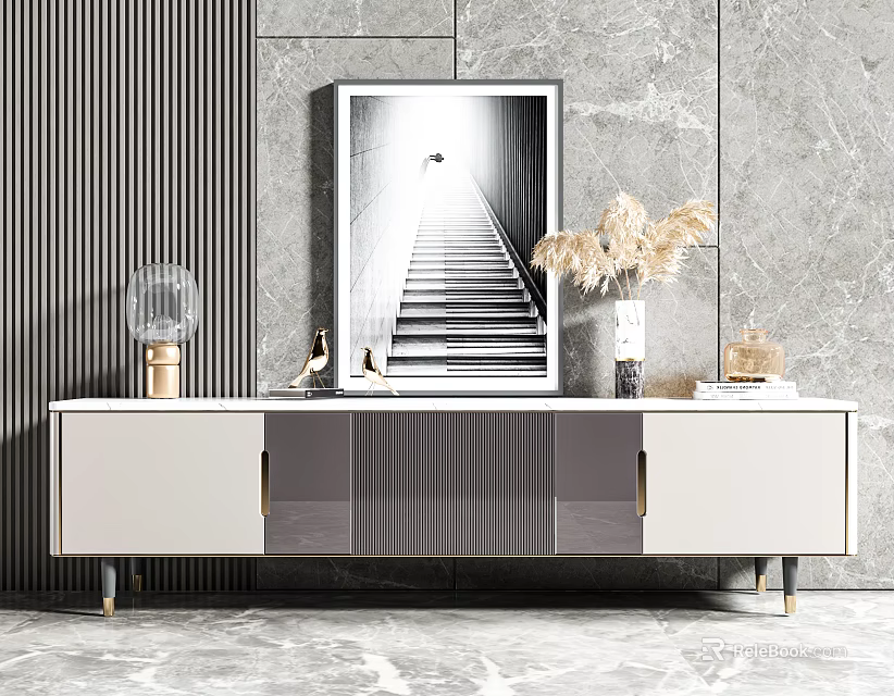 Modern TV Stand In White And Gray With Glass Lamp Dried Flowers And Framed Art 3d model 