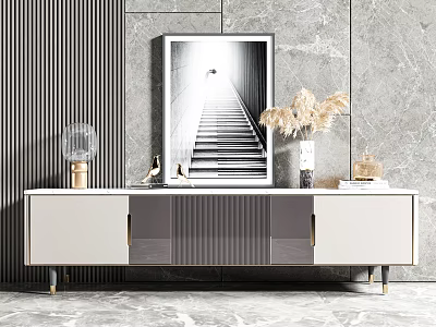 Modern TV Stand In White And Gray With Glass Lamp Dried Flowers And Framed Art 3d model