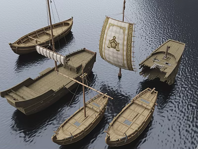 Multiple Wooden Boats Various Sizes Shapes One Sailing Patterned Sail On Water 3d model