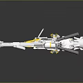 3D Model Of Futuristic Silver And Yellow Mechanical Spaceship With Gun Barrels Sleek Reflective Design