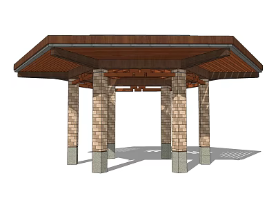 Traditional Outdoor Gazebo Featuring Wooden Roof And Brick Columns With Stone Base 3d model