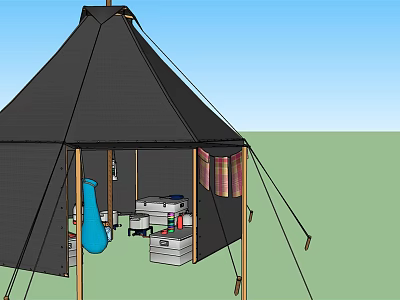 Black Canvas Tent With Open Entrance Storage Boxes And Blue Bag On Green Grass 3d model