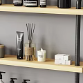 Stylish Modern Bathroom Accessories On Wooden Shelf With Bottles Jars Candles Toilet Paper And Boxes
