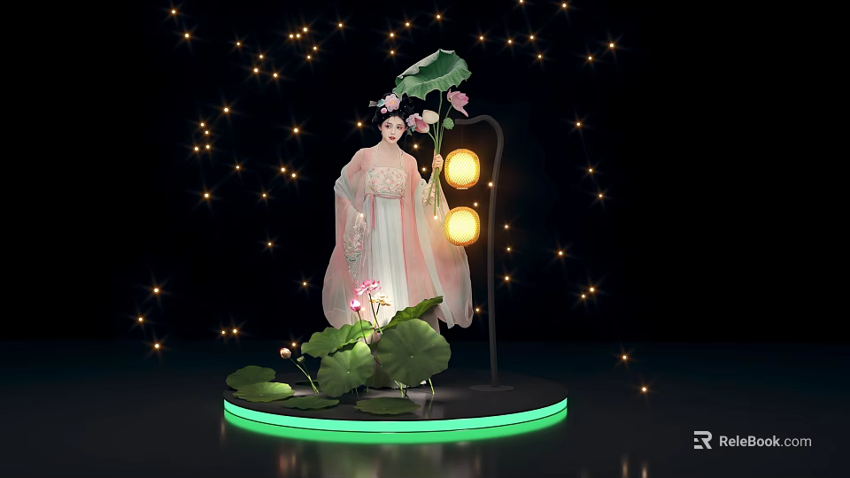 Traditional Costume Figure With Lotus Flowers Leaves Round Lanterns Green Glowing Base Starry Background 3d model 