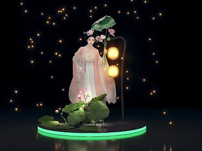 Traditional Costume Figure With Lotus Flowers Leaves Round Lanterns Green Glowing Base Starry Background 3d model