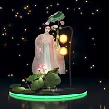 Traditional Costume Figure With Lotus Flowers Leaves Round Lanterns Green Glowing Base Starry Background