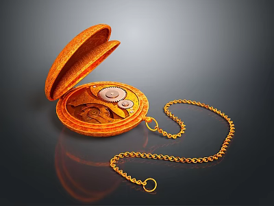 Open Orange Vintage Pocket Watch With Detailed Dial And Golden Chain Design 3d model