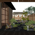Tranquil Japanese Garden Courtyard Featuring Thatched Roof Hut Bamboo Fence Stone Path And Lanterns