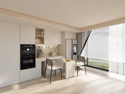 Modern Kitchen Sideboard With White Cabinets Small Dining Table Chairs And Natural Light 3d model