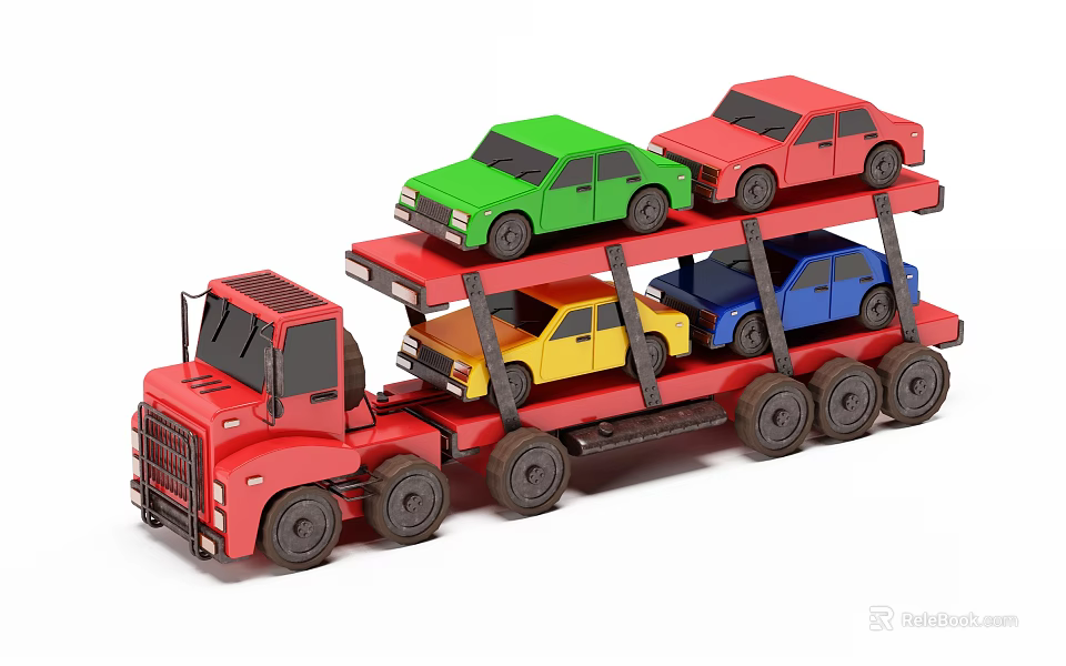 Colorful Cars Being Transported By Red Double Deck Car Carrier Truck 3d model 
