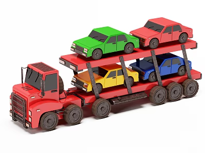 Colorful Cars Being Transported By Red Double Deck Car Carrier Truck 3d model Colorful Cars Being Transported By Red Double Deck Car Carrier Truck 3d model