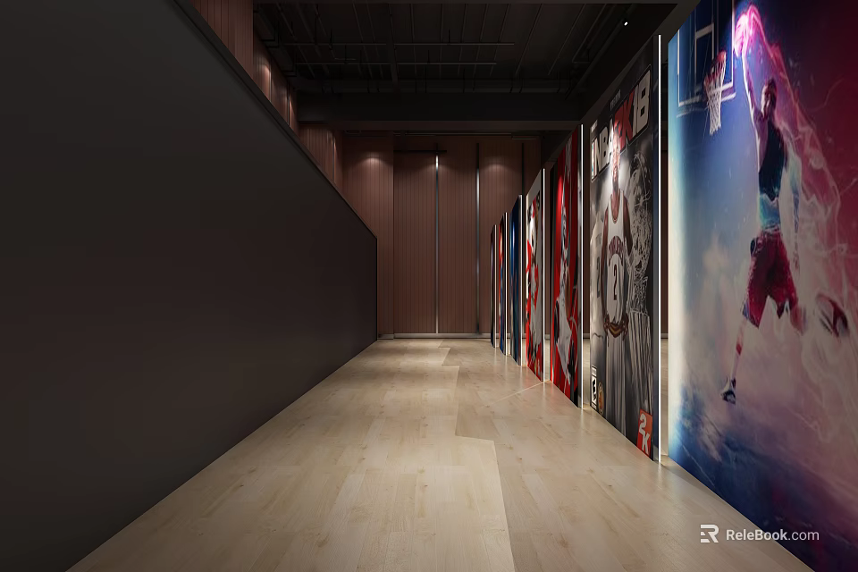 Modern Elevator Hallway With Large Posters Light Wooden Floor Dark Walls And Black Ceiling Lighting 3d model 