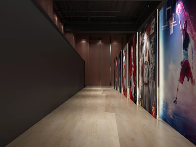 Modern Elevator Hallway With Large Posters Light Wooden Floor Dark Walls And Black Ceiling Lighting 3d model