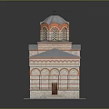 Traditional Church Building With Blue Dome Red Brick Walls Arched Windows And Steps