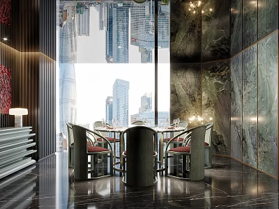 Modern Private Dining Room With Large Windows City Skyline Views Round Table And Stylish Chairs 3d model