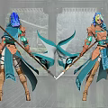 Game Character With Teal Blue Hair Brown And Blue Armor Holding Spear And Sword