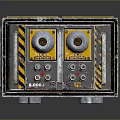 Industrial Equipment Box With Yellow Silver Exterior And Warning Stripes Control Panels
