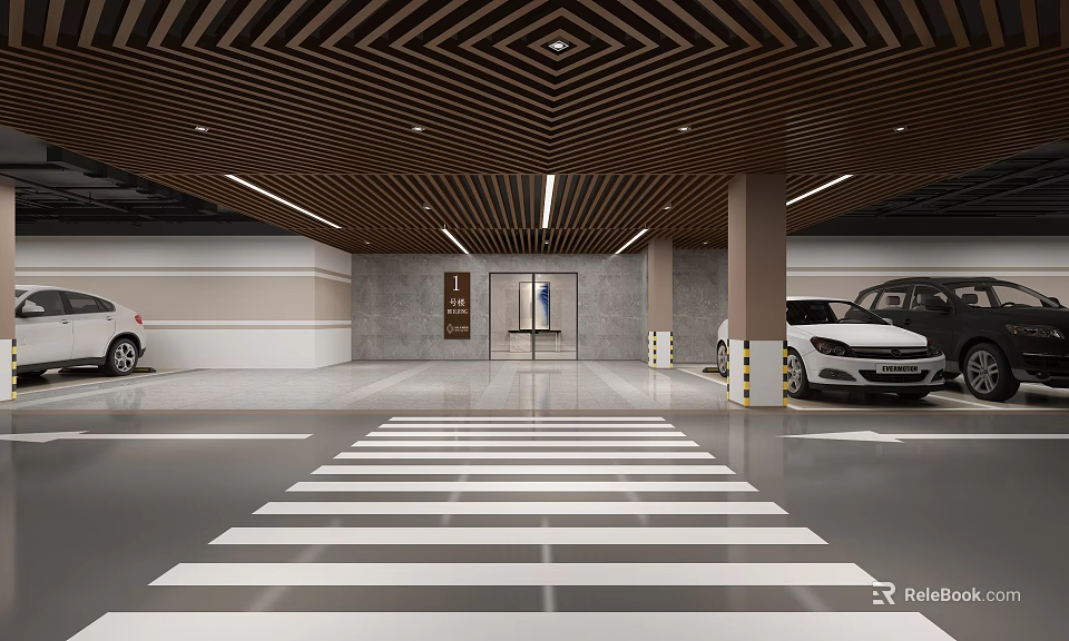 Modern Parking Lot Interior With Striped Crosswalk Wooden Ceiling And Parked Cars 3d model 